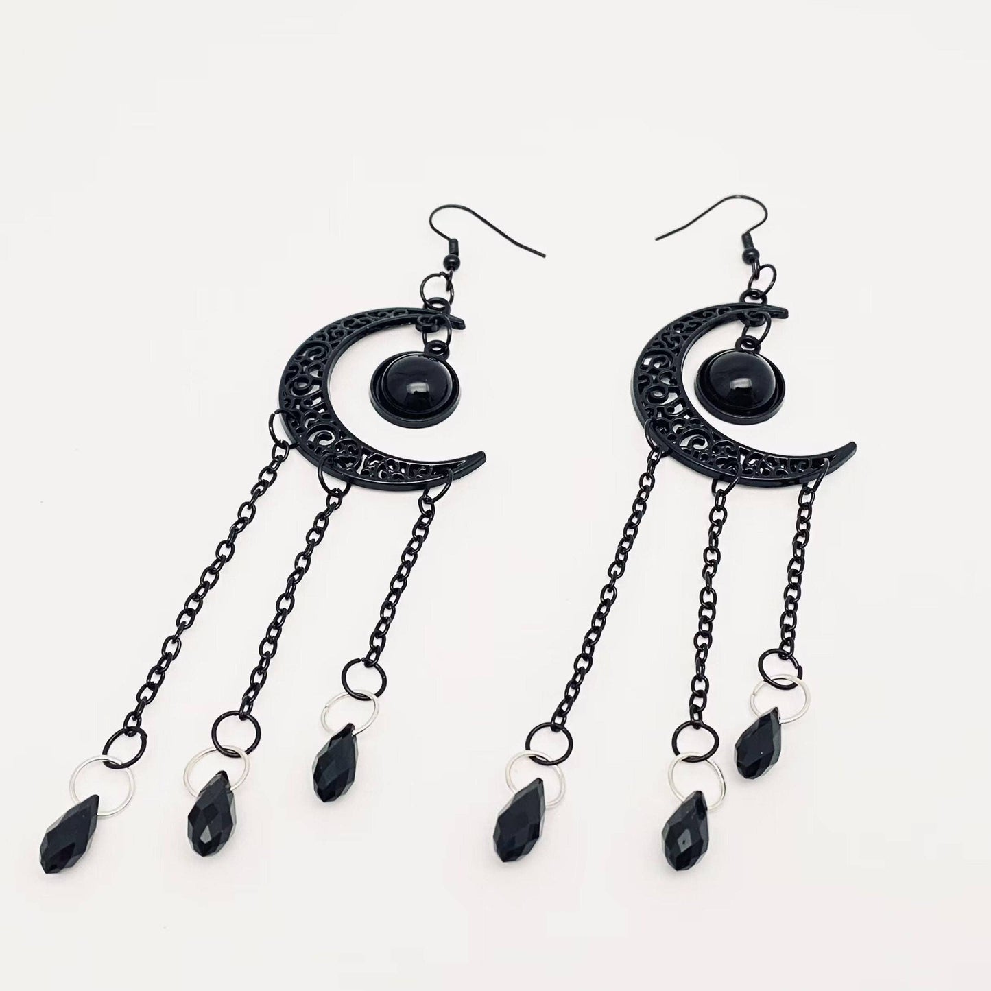 Gothic Black Moon Long Chain Tassel Earrings